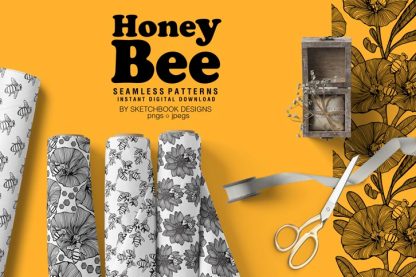 Honey Bee Black & White Digital Seamless Patterns