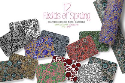 12 hand-drawn Fields of Spring seamless doodle floral pattern set