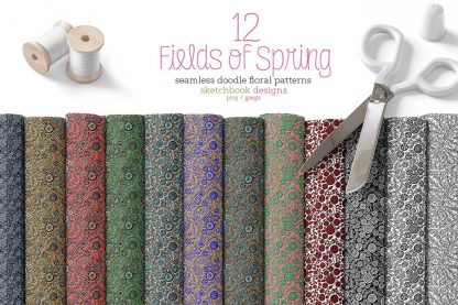 12 hand-drawn Fields of Spring seamless doodle floral pattern set